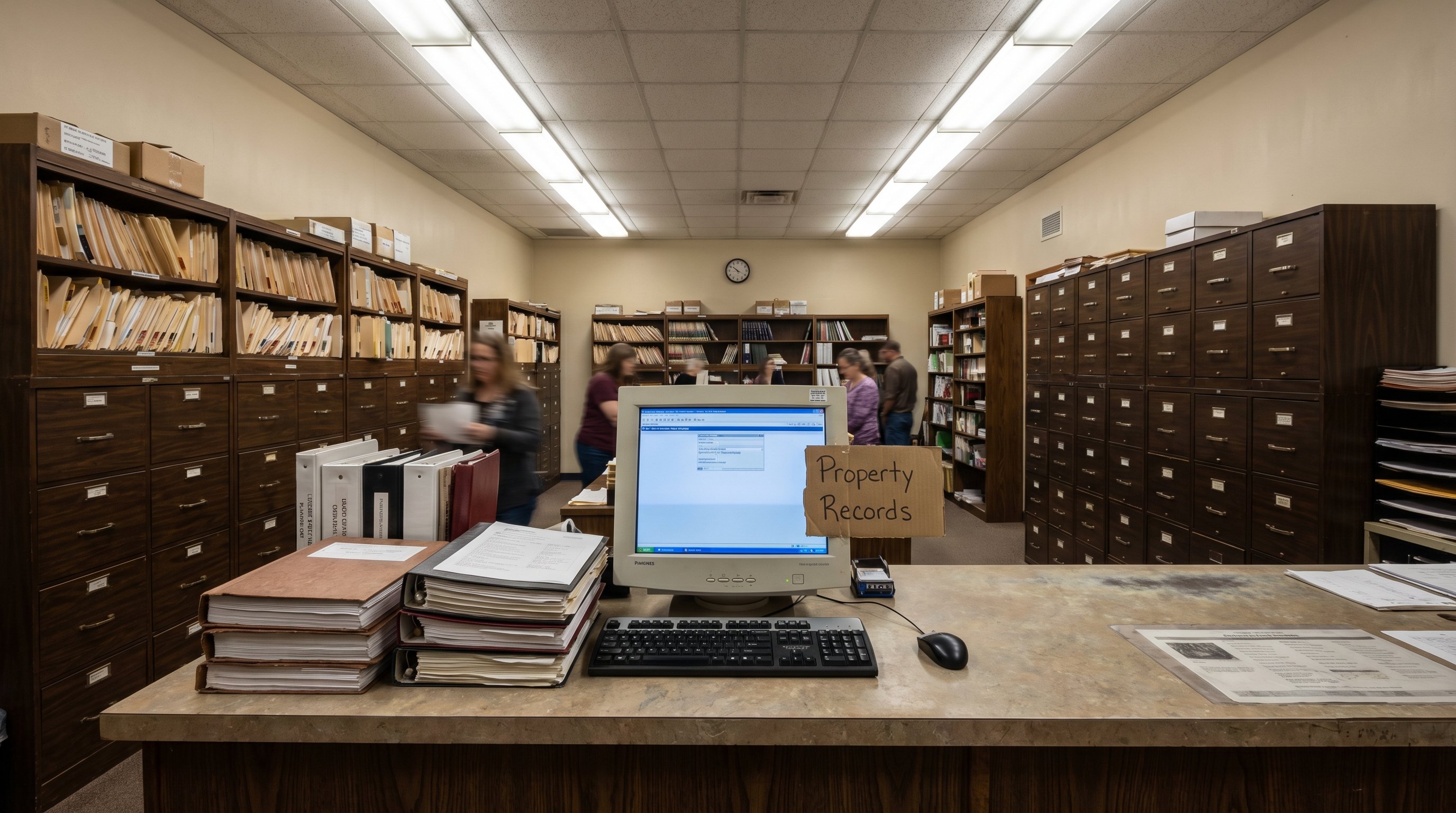 Legal court documents and property records spread across a table, county clerk filings and lis pendens notices