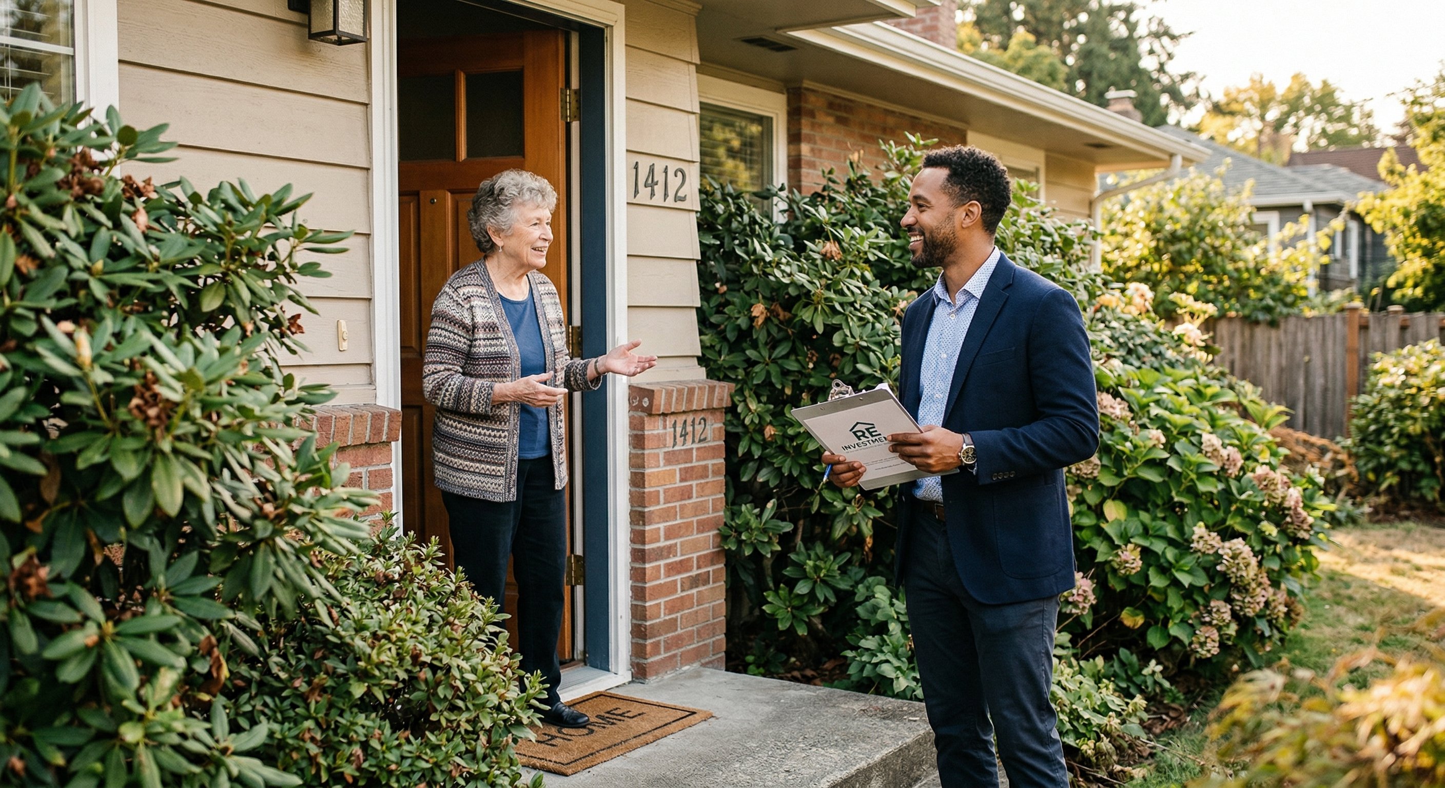 A real estate investor speaking with a homeowner on the front porch of a single-story ranch home with a partially overgrown yard. Genuine conversation posture, late afternoon light, documentary photography, 50mm lens.