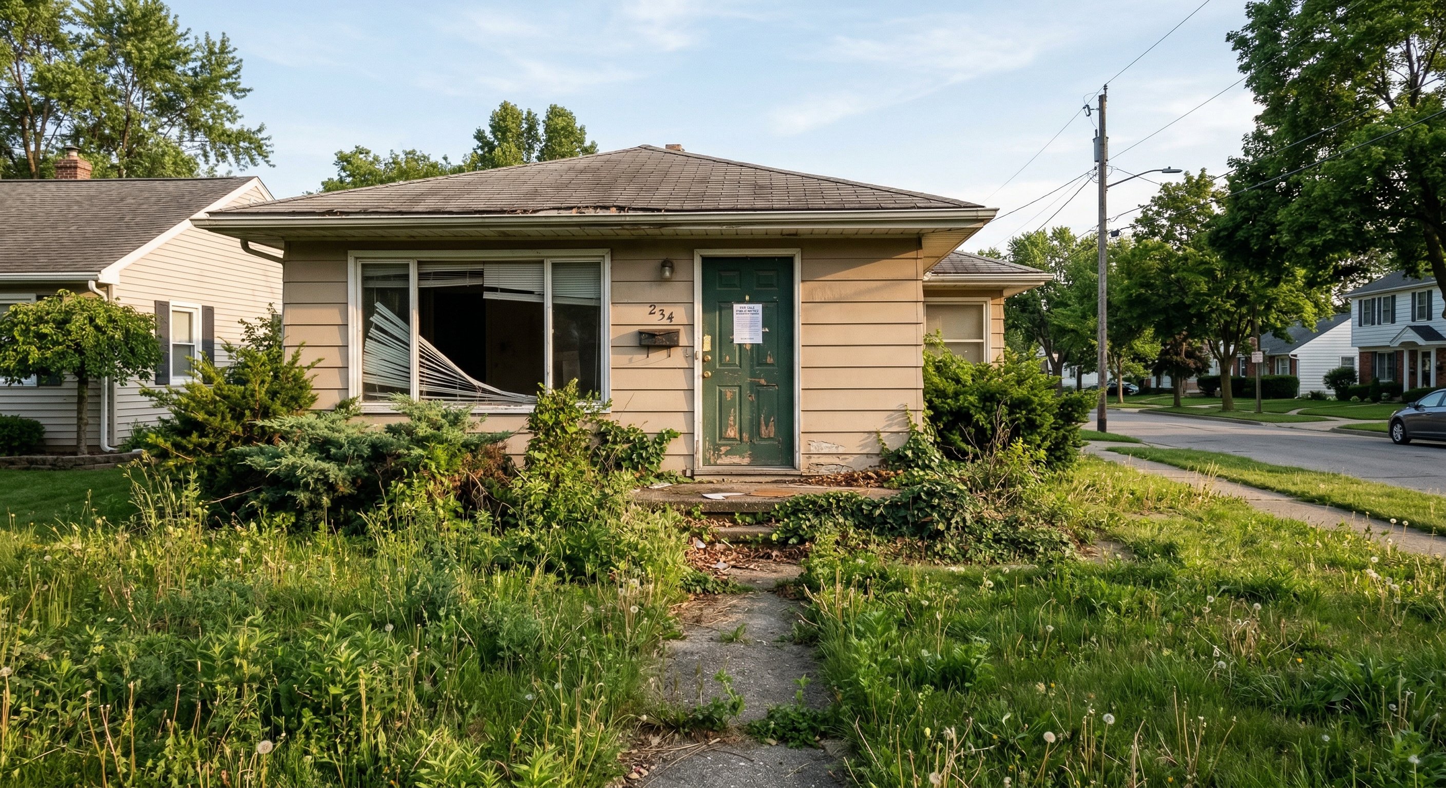 A foreclosure notice posted on a weathered front door of a vacant single-story home with overgrown lawn and faded paint. Late afternoon sun, realistic documentary photography, street-level perspective. No text on notice visible.